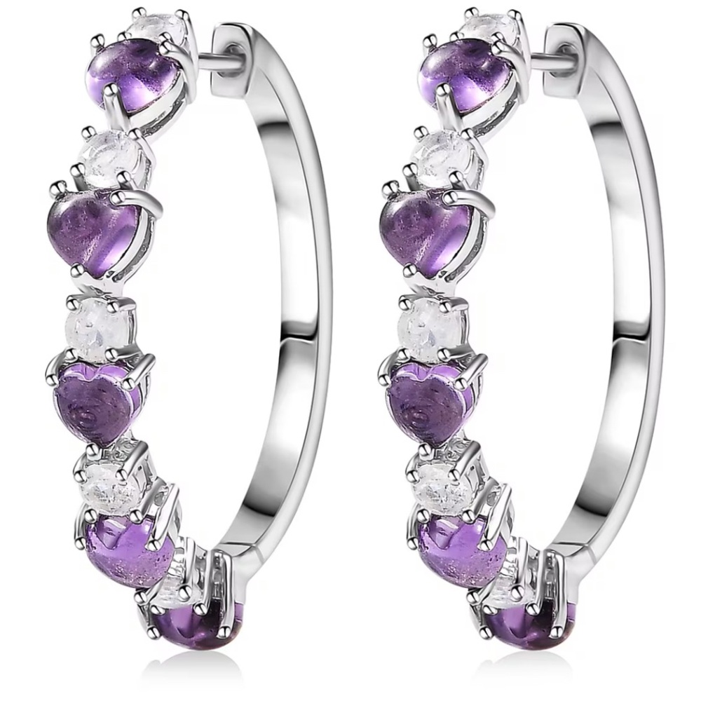 NWOT African Amethyst and Rainbow Moonstone Hoop Earrings in Platinum Bond